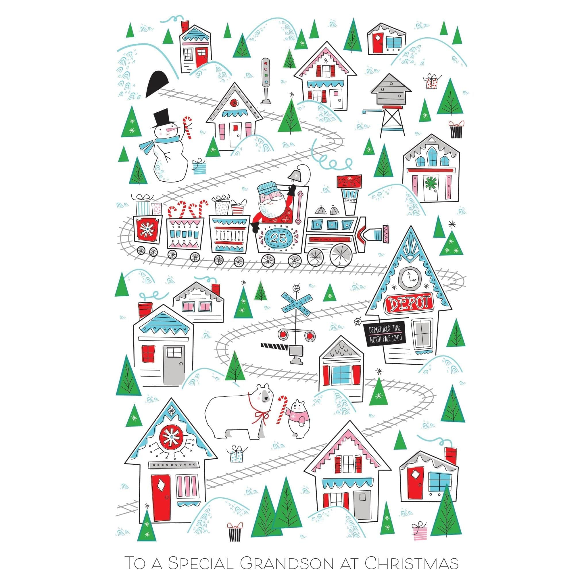 Pictura Santa Train Christmas Card featuring festive holiday design for grandson, with colorful Santa and train illustration.